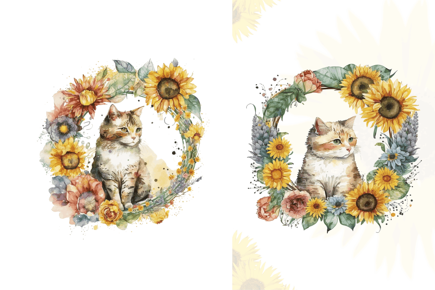 Watercolor Cat With Sunflower Bundle