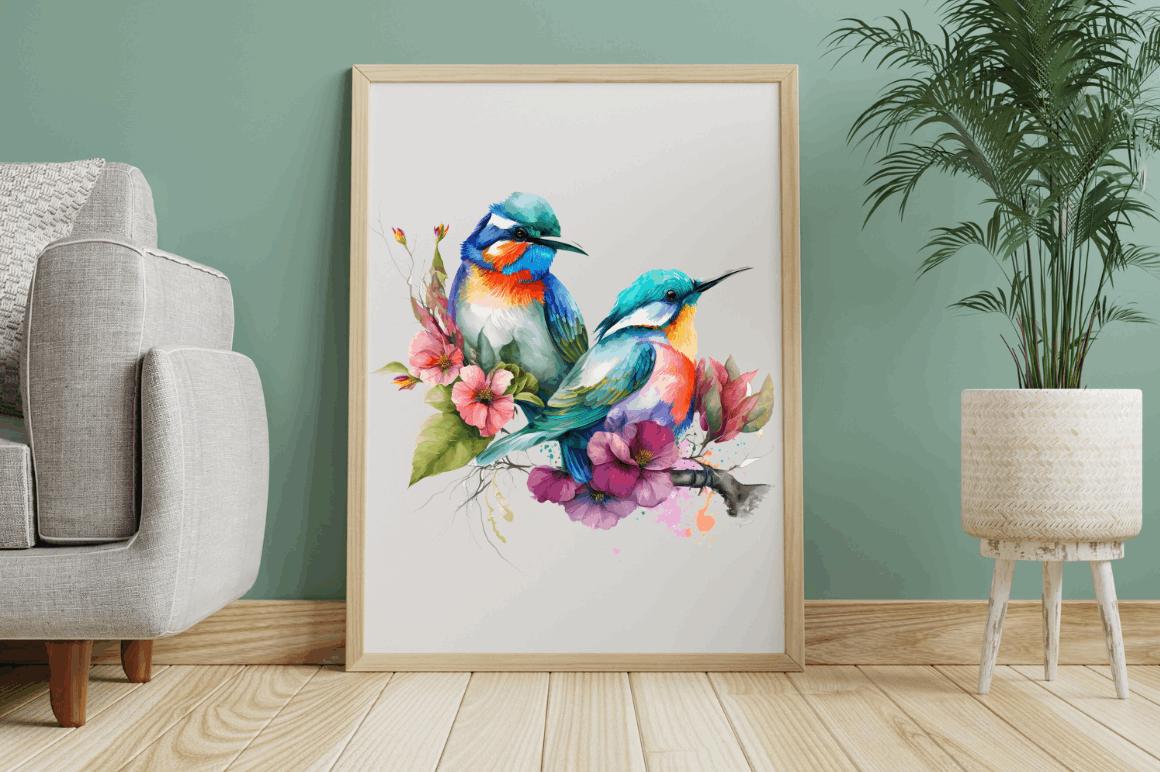 Watercolor Couple Bird Flower Clipart Bundle