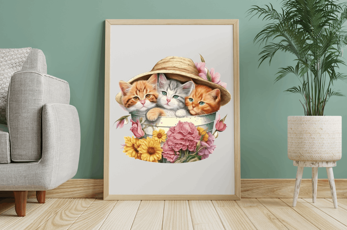 Watercolor Cute Cats Under the Hat Clipart Bundle