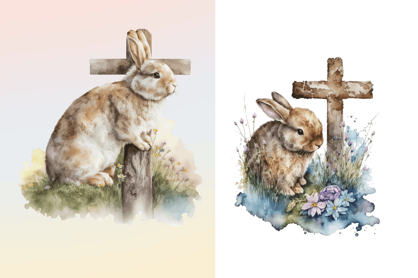 Watercolor easter cross with bunny Clipart Bundle