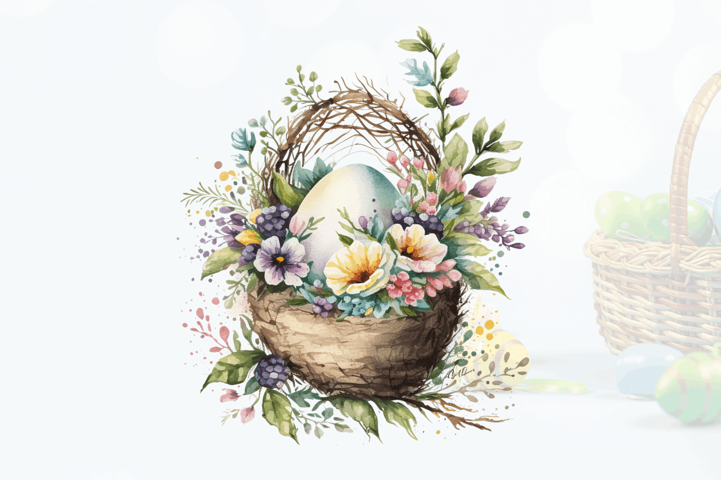 Watercolor Easter floral egg Baskets Clipart Bundle