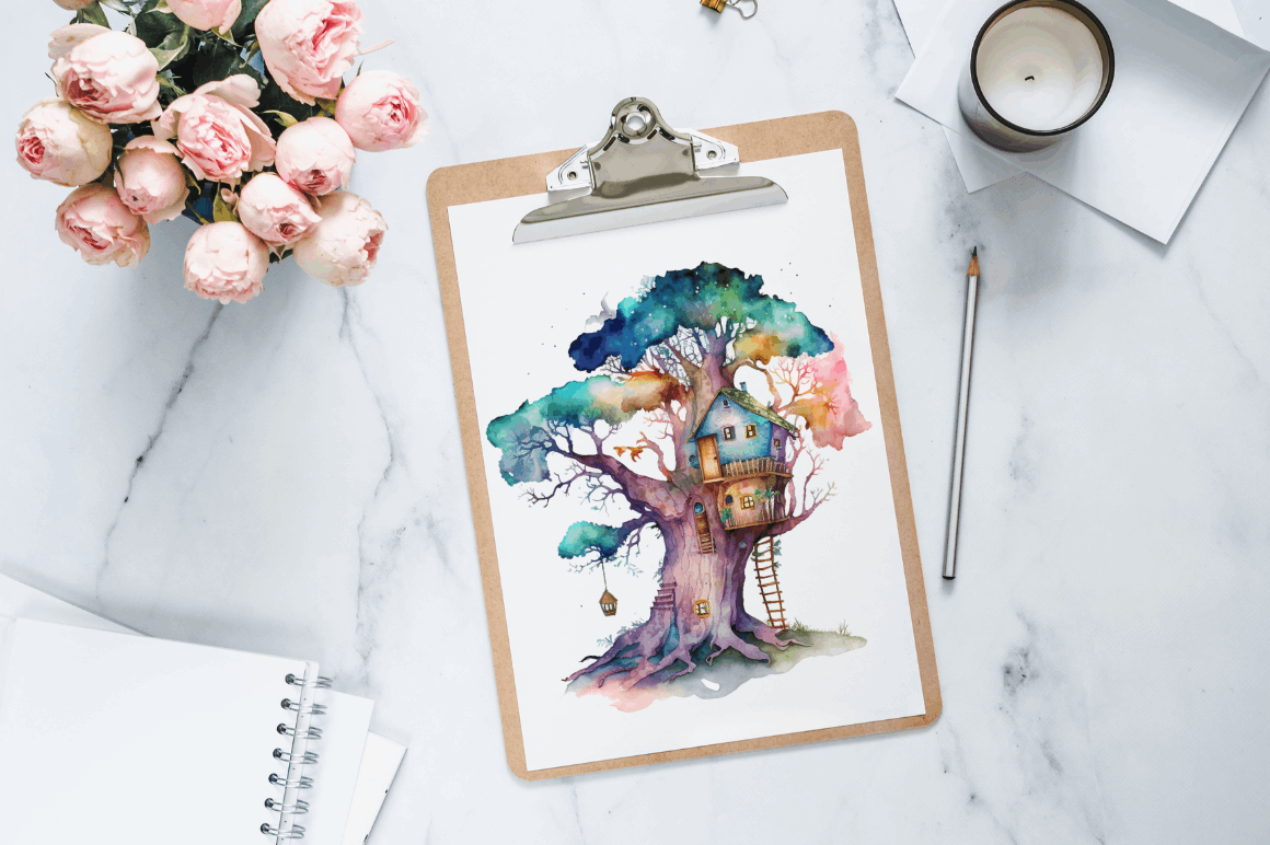 Watercolor  Fairy Tree House Clipart Bundle