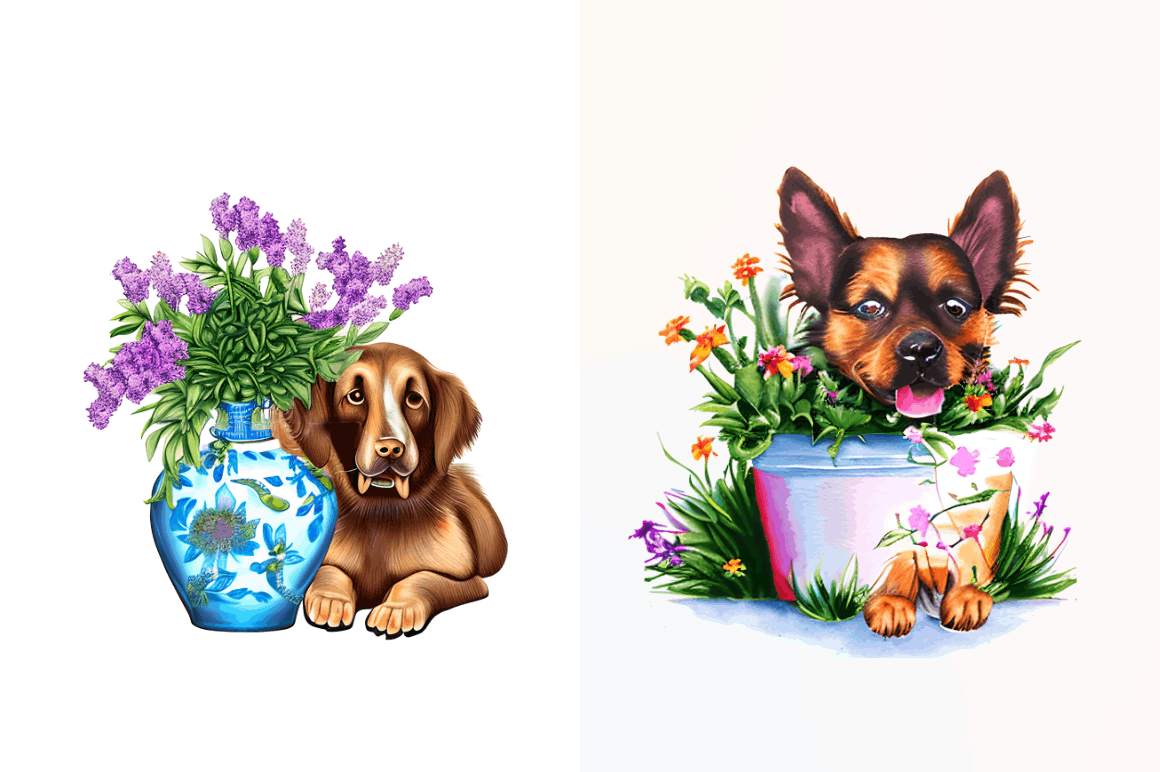 Watercolor Dog Floral Clipart Bundle