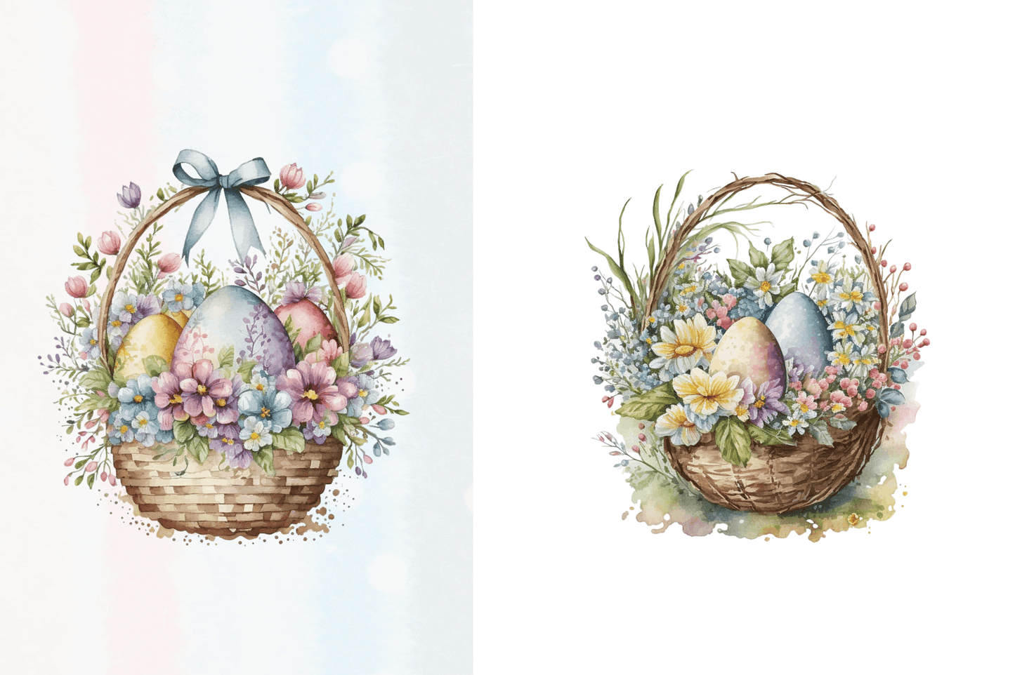 Watercolor Easter floral egg Baskets Clipart Bundle