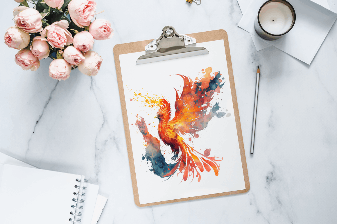 Watercolor  Fire Phoenix Clipart Bundle