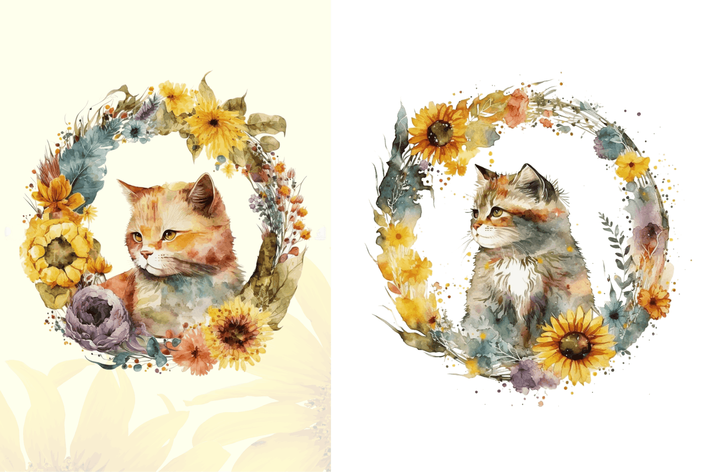 Watercolor Cat With Sunflower Bundle