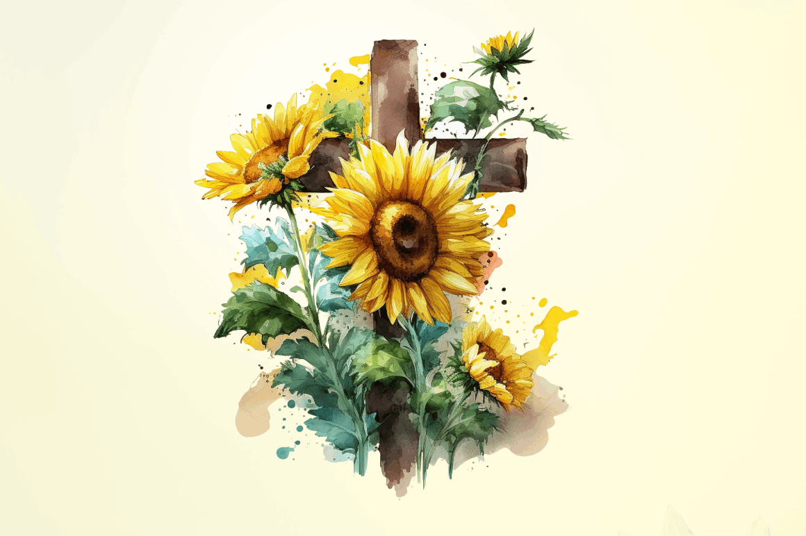 Watercolor Cross & Sunflowers Clipart Bundle