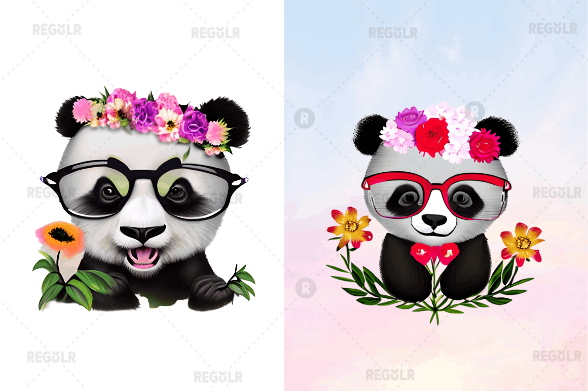 Watercolor Baby Panda and Flower Clipart Bundle