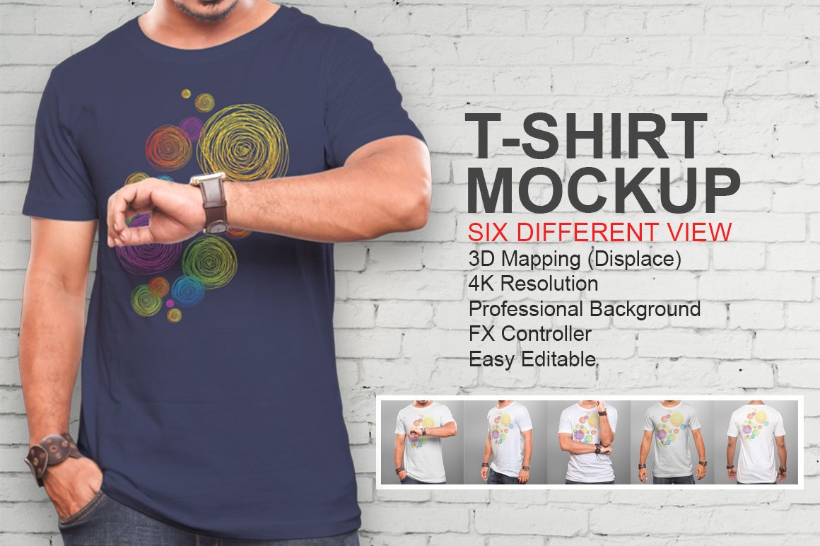 6 Editable  Crew Neck Men's T-Shirt Mock-Ups PSD Bundle