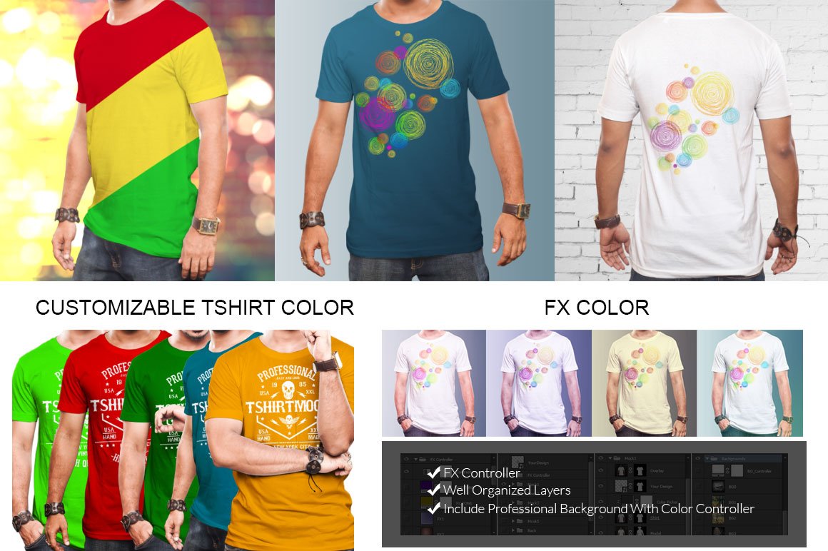 6 Editable  Crew Neck Men's T-Shirt Mock-Ups PSD Bundle