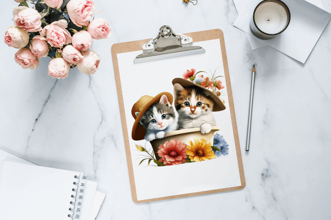 Watercolor Cute Cats Under the Hat Clipart Bundle