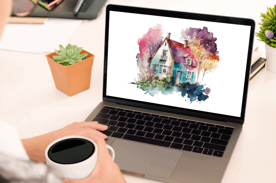 Watercolor Colorful Houses Clipart Bundle