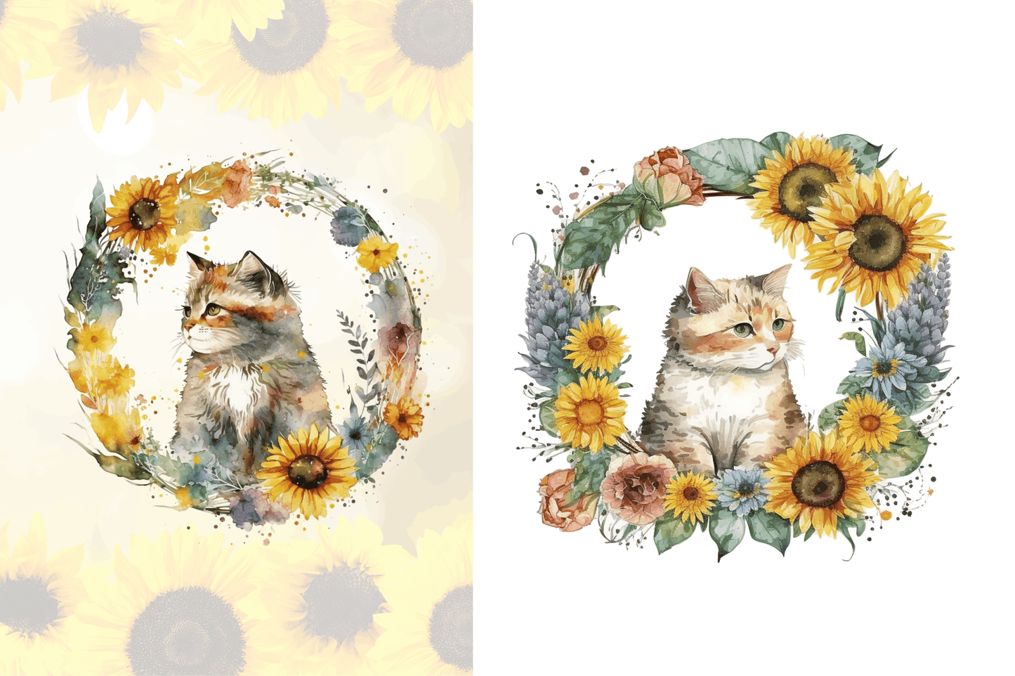 Watercolor Cat With Sunflower Bundle