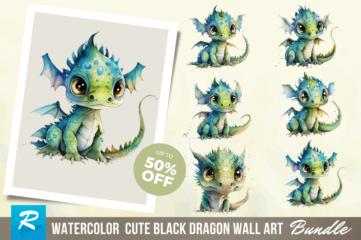 watercolor Cute Black Dragon Wall Art Clipart Bundle