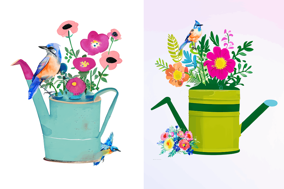 Watercolor Watering Can with Birds Clipart Bundle