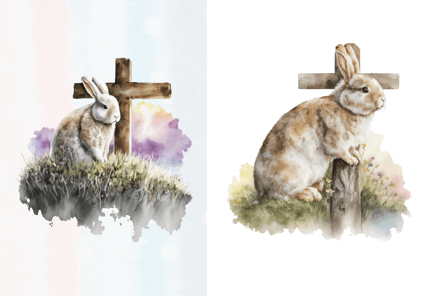 Watercolor easter cross with bunny Clipart Bundle