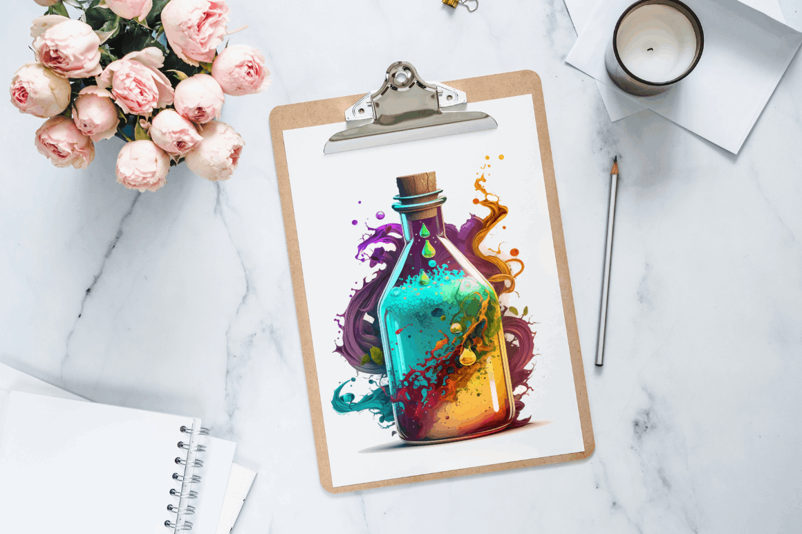 Watercolor Bottles with Magic Potions Clipart Bundle