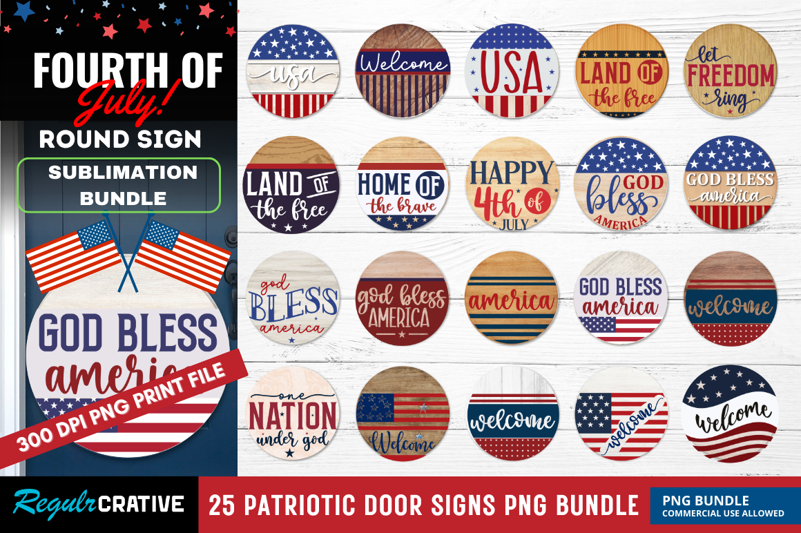 4th of July Door Round Signs PNG Bundle