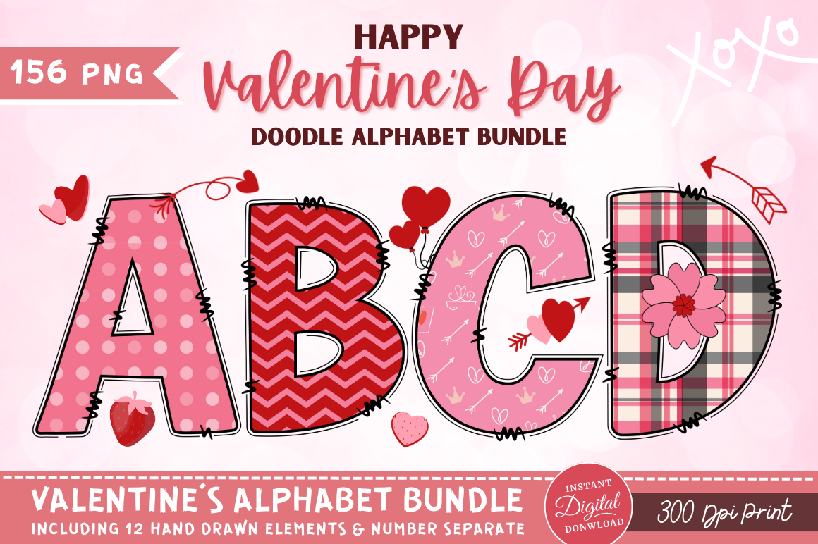 Valentines Day Doodle Alphabet with 10 Hand Drawn Clipart